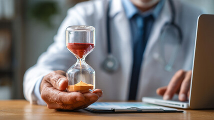 Doctor checking hourglass, illustrating time management in medical practice