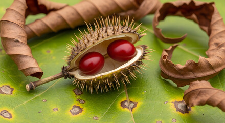 Red Horse Chestnut Seeds Inside Spiky Shell on Leaf Background