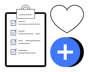 Obraz premium Productivity concept. Productivity illustrated by a checklist, heart symbol, and blue plus icon. Productivity boosts health, organization, and teamwork. Ideal for wellness, healthcare self-care