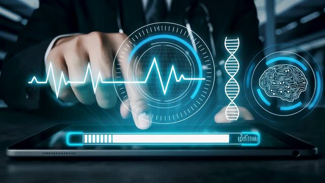 Close-up of doctor interacting with a digital healthcare interface, medical data, heartbeat monitoring, AI analysis, and advanced health technology for diagnosis and patient data management.
