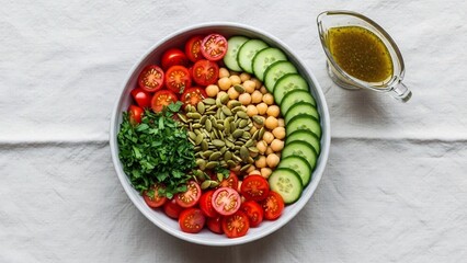Vibrant vegan buddha bowl overflowing with fresh ingredients and a side of zesty dressing