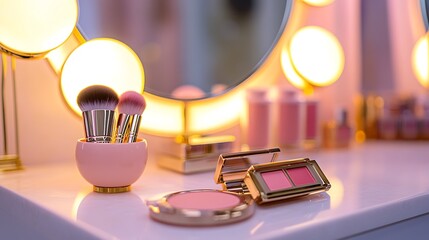 Glamorous vanity table setup with soft warm lighting featuring makeup brushes in a pink holder and cosmetic products like blush and powder with beauty