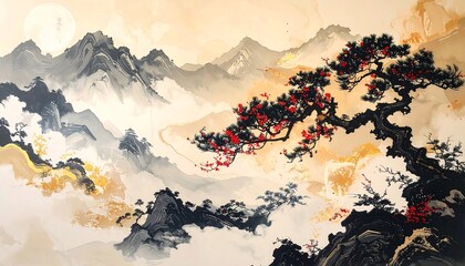 Traditional Chinese Painting of Mountains Landscape.