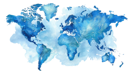 Abstract blue watercolor paint splashes form a creative world map illustration of the earth and its continents for global travel and geography business