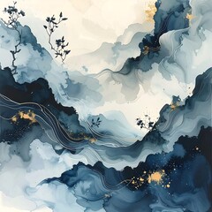 Abstract Watercolor Painting with Mountains and Clouds.