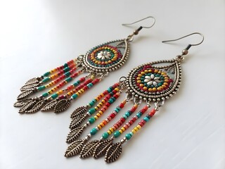 Multicolor beaded dangle earrings with silver metal isolated on transparent background for decor