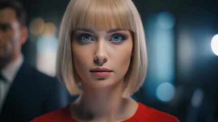 Cinematic sequence of a serious young caucasian female with a blonde bob and intense blue eyes. Mysterious portrait for corporate, technology, or thriller concepts