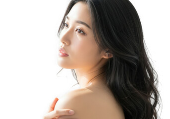 Beautiful asian woman with long black hair isolated on transparent background