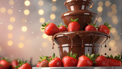 Decadent chocolate fountain overflowing with rich melted chocolate cascades over fresh ripe strawberries creating an irresistible dessert centerpiece for any celebration or romantic evening gathering