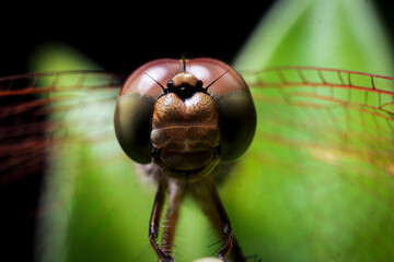 Extreme macro close up of Dragonfly head and compound eyes face details.