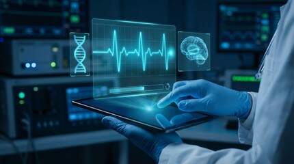 Close-up of doctor interacting with a digital healthcare interface, medical data, heartbeat monitoring, AI analysis, and advanced health technology for diagnosis and patient data management.