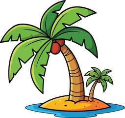 Coconut Palm Tree on Sandy Beach - Isolated Vector Graphic - palm, tree, island, beach, tropical, coconut, summer, vacation, ocean, sea, sand, holiday, nature, vector, illustration, cartoon, paradise,