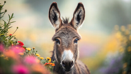Adorable portrait of a young donkey with large expressive ears looking directly forward standing close to vibrant blooming flowers in a soft focus garden setting