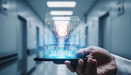 Medical doctor hand with mobile smartphone digital patient data security interface cloud protection privacy lock hologram and electronic health record safety system network access
