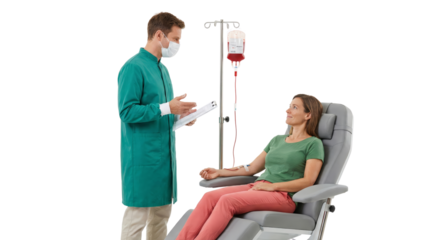 Doctor with Patient Receiving IV Drip on White Background