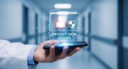 Medical doctor hand with mobile smartphone digital patient data security interface cloud protection privacy lock hologram and electronic health record safety system network access