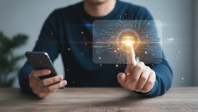 A hand tapping a holographic scale on a smartphone screen showing ethical digital decisions, modern governance, core values and business ethics