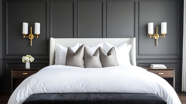 Elegant modern bedroom featuring a plush upholstered headboard, crisp white bedding, and sophisticated dark gray paneled walls with brass sconces
