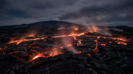 Lava Flow Glowing Under Dark Stormy Sky &ndash; Volcanic Landscape, Natural Disaster & Geological Phenomenon Photography

