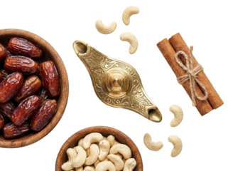 Dates, Cashews, Cinnamon Sticks, and Aladdin Lamp: Arabian Delicacies and Mystical Object