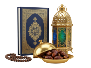 Ramadan Kareem: Quran, Dates, Prayer Beads, and Lantern - Islamic Holy Month Symbols
