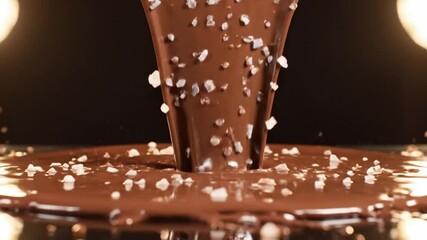 Chocolate pouring with sea salt crystals in slow motion creating an appetizing effect over dark surface