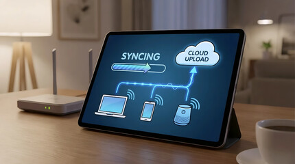 Smart Tablet Displaying Cloud Sync & Upload Interface on Wooden Desk &ndash; Digital Organization, Remote Work & Smart Home Tech Concept

