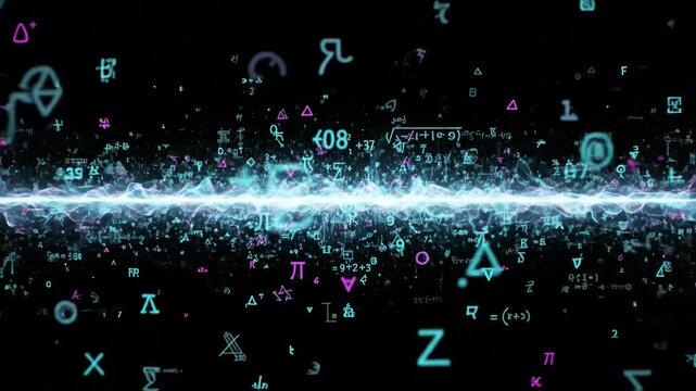 Abstract mathematical symbols and equations with a central glowing light beam, representing complex data analysis and scientific research.