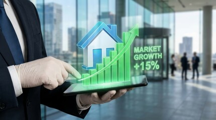 Businessman presenting digital tablet displaying holographic real estate market growth analysis, rising house price statistic, profit trend, and finance investment data increase concept.