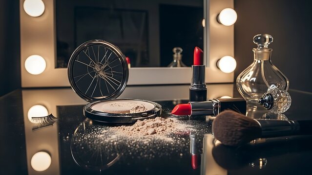 Smashed makeup powder compact with broken mirror and red lipstick on table. Beauty failure and messy vanity concept.