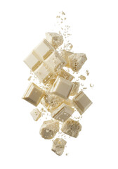 dynamic explosion of textured white chocolate&mdash;smooth geometric squares, fractured chunks, and delicate shavings&mdash;isolated against a sterile high-key white background. concept for luxury confectionery