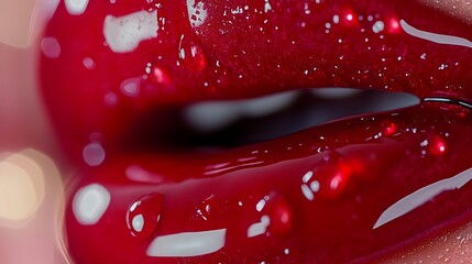 Extreme close up macro shot of full vibrant red lips with glossy texture and water droplets reflecting light, sensual and luxurious beauty detail