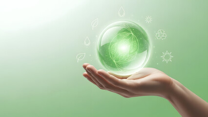 Hand cradling glowing green earth with eco friendly symbols around