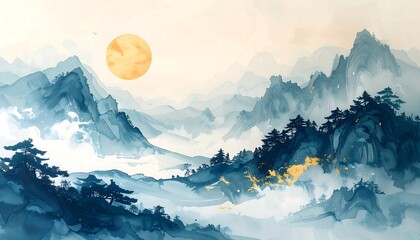 Serene Mountain Landscape with Full Moon.