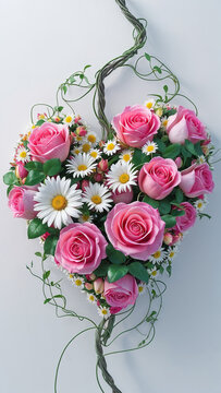 Vibrant floral heart created from roses daisies and green vines centered clean white stunning 3D artwork.