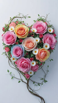 Beautiful floral heart made of roses daisies and vines centered on white background sharp colorful 3D illustration.