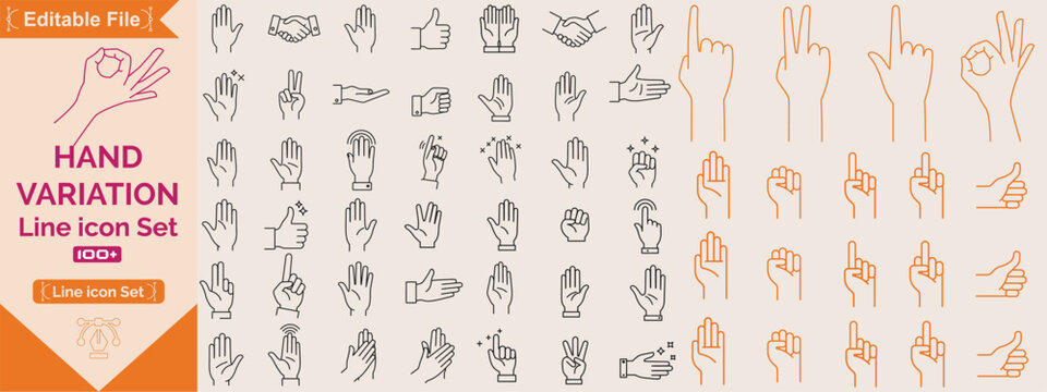 Hand line icons set. Set outline icons including handshake, fingers, thumb up, ok, support, like, point, touch, pray and more. Vector illustration.