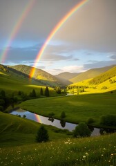 Vibrant double rainbow arches over a lush green valley with a winding river reflecting the sky