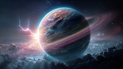 colorful planet with rings and lightning in space with dramatic clouds and cosmic rays in a surreal galaxy