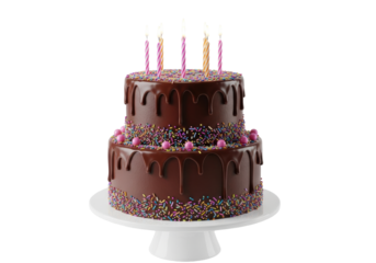 hyper-realistic macro close-up of a two-tiered chocolate drip cake with glossy ganache, vibrant nonpareil sprinkles, and seven lit pink/orange candles on a white pedestal in a seamless studio.