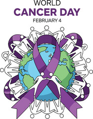World Cancer Day February 4 Global Cancer Awareness Ribbon With People Unity Illustration