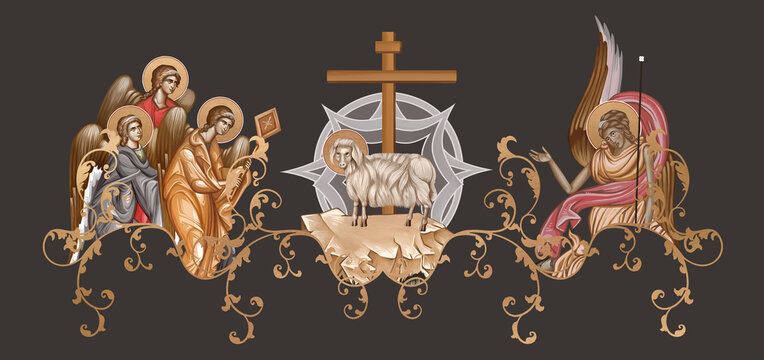 Behold the Lamb of God who takes away the sin of the world. Agnus Dei. Decorative vintage border with angels, illustration in Byzantine style