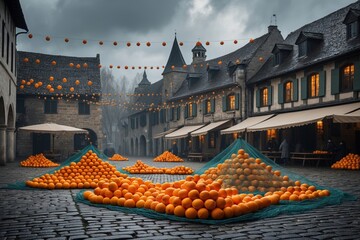Carnival orange battle town square setup, generative AI photo
