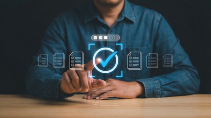 A man interacts with a digital interface displaying file icons and a prominent checkmark symbolizing data verification or security protocols