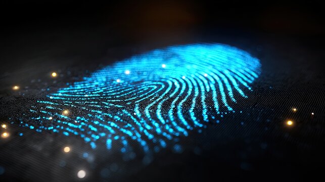 Cybersecurity Technology: Abstract Neon Blue Biometric Sensor on Dark Background - Powered by Adobe