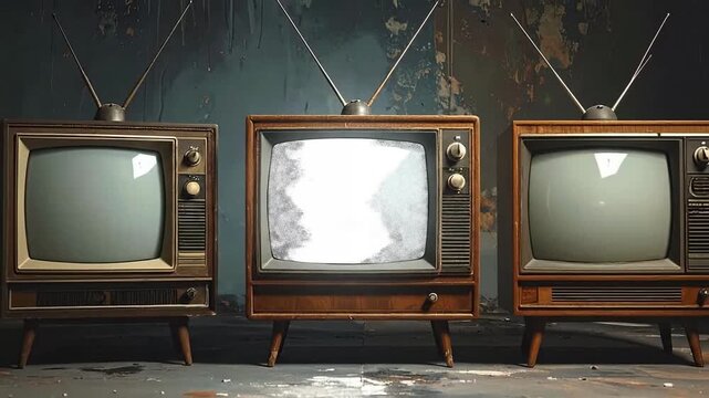 Three vintage televisions stand side-by-side against a textured, mottled background.