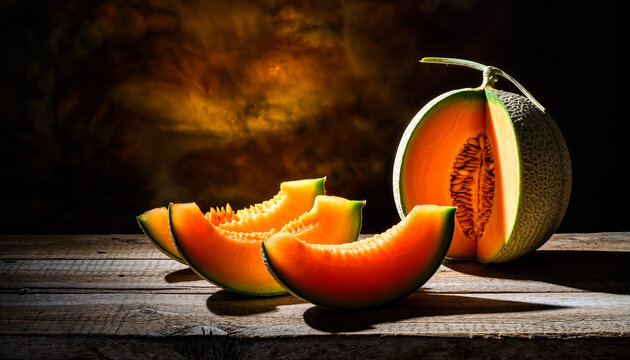 Cantaloupe aufgeschnitten mit Scheiben auf rustikalem Holztisch im warmen Gegenlicht