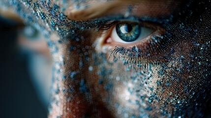 Cyber Security Concept: Digital Data Points on Human Head Illustrating Facial Detection Tech