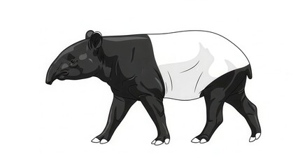 Illustration of a black and white tapir walking.