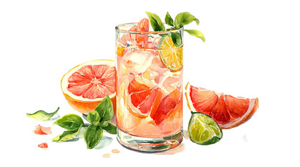 Illustration of pink grapefruit cocktail drink with ice cubes and lime slices, cutout
